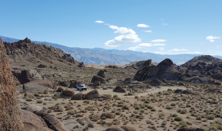 Mary Hollendoner '98 and her family embarked on the ultimate road trip nearly three years ago. They made an early stop in the Alabama Hills of California's Sierra Nevada. 