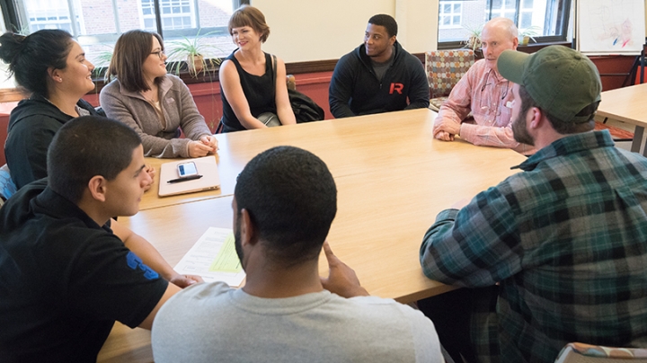 Posse mentor Carl Thum meeting with Class of 2020 Posse members 