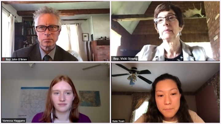 Clockwise from top left, Rep. John O'Brien and Rep. Vicki Strong of the Vermont House Committee on Agriculture and Forestry ask questions of Kate Yuan '23 and Vanessa Haggans '23 after the Policy Research Shop students testified about their research on th