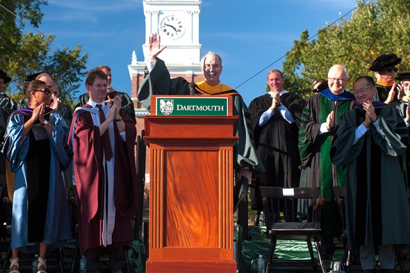 President Phil Hanlon welcoming the crowd who gathered on the Green to celebrate Inauguration and the Convocation of the College’s 244th year.