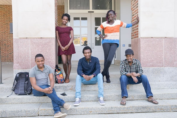 5 of the 6 King Scholars on the steps of a Dartmouth College building