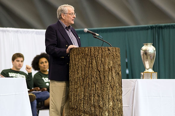 Professor David Lagomarsino at the podium on Class Day