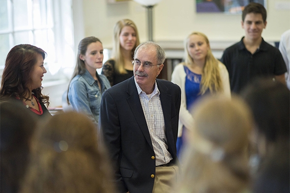 President Philip J. Hanlon ’77 greets first-year students during Matriculation