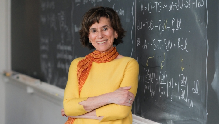 Jane Lipson in front of a classroom blackboard