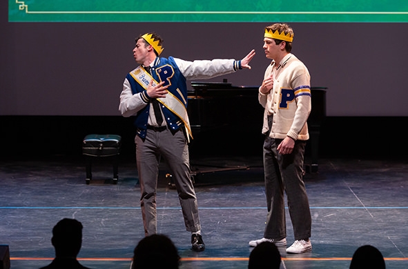 Zachary Gottchall ’20 (left) and Malcolm Young ’19 perform Agony from Into the Woods at the Hopkins Center’s “The Arts at Dartmouth Awards Ceremony” in Spaulding Auditorium.