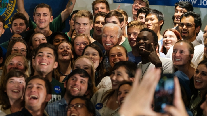 Former Vice President Joe Biden (D-Del.) poses for a group selfie with Dartmouth students after his town hall event in Alumni Hall in August.