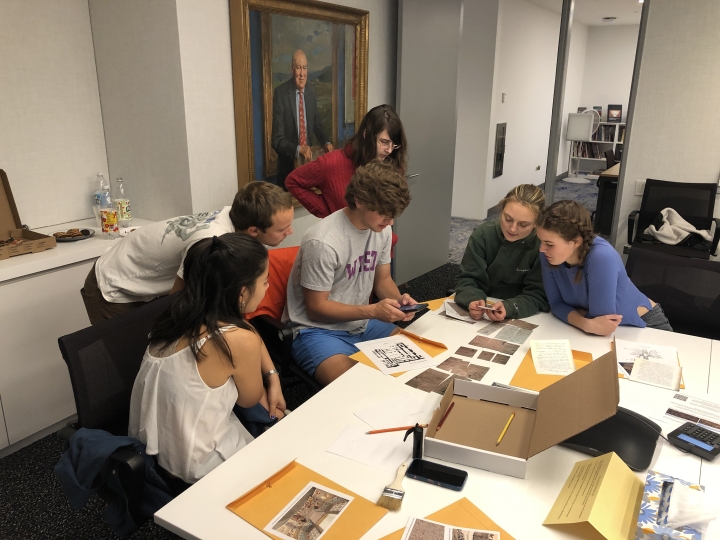 Museum Club members, from left, Donia Tung '22, Hadley Detrick '22, Adam Stein '23, Carson Riggs '23, Helen Horan '22, and Alice Crow '22 play the Hood's Assyrian Relief Escape Room Challenge.