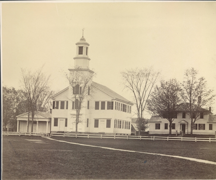 A photograph likely from the 1860s shows the Dartmouth Congressionalist Church and vestry, and the adjacent Ripley/Choate House to the right.