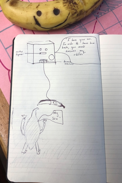 A notebook belonging to Sriram Bapatla '20 showing his drawings and notes regarding one of his ideas for a trip raid in his sketchbook.