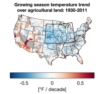 U.S. map of growing season average temperature from 1930 to 2011 over agricultural land with a box drawn around the Corn Belt. Growing season based on USDA planting and harvesting data, and runs approximately from early May to September. Figure by Trevor F. Partridge.