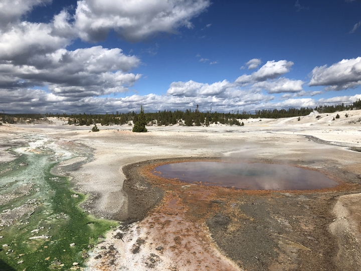 Geyser basin with clouds