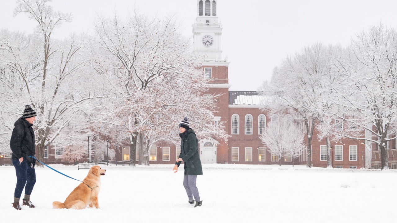 Students and their dog on a snowy Green near Baker Library.