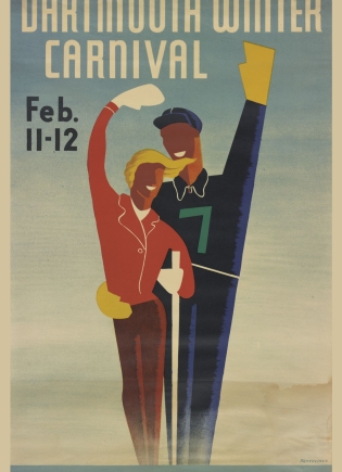 1938 Winter Carnival poster, two skiers waving