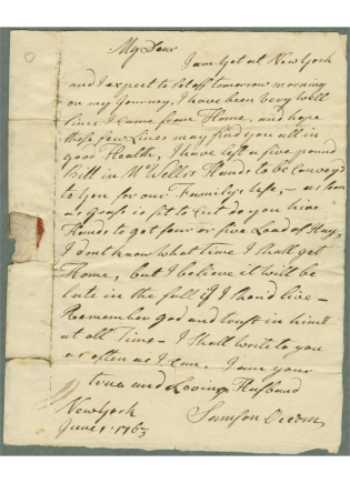 A handwritten letter from Samson Occom to his wife, Mary, in 1763