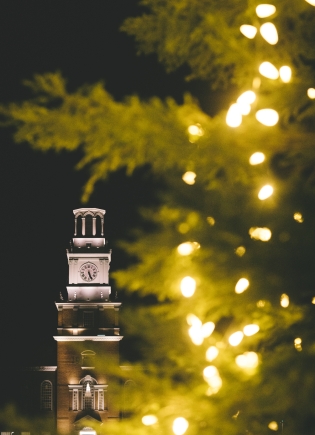 Baker tower framed by Christmas tree and lights