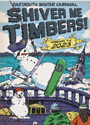 2023 poster with surfing pirate snowmen reading &quot;Shiver me timbers!&quot;