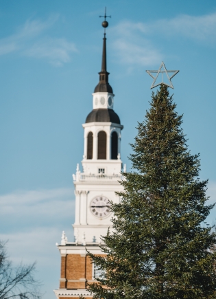 The Christmas tree on Dartmouth's Green and Baker Tower