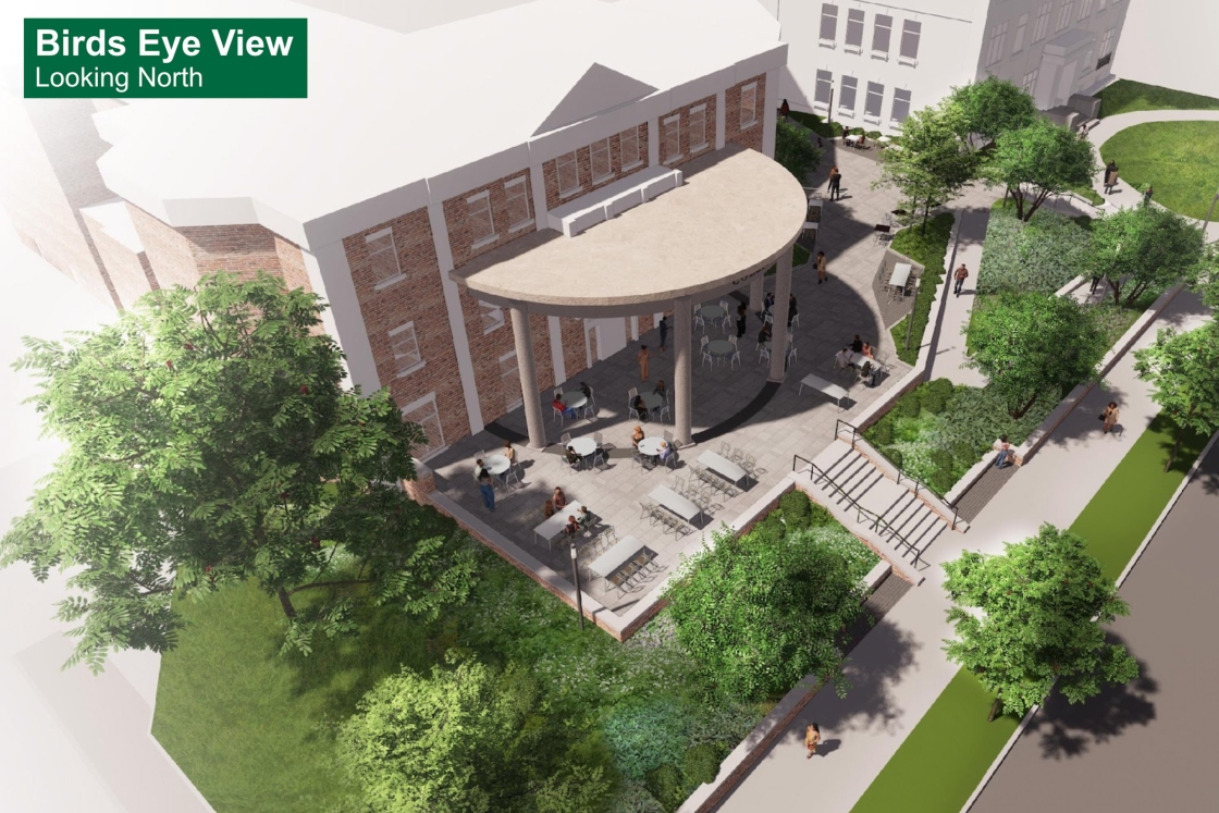 A rendering of the Collis Student Center porch renovation